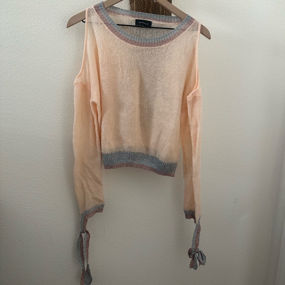 MAJORELLE Off-the-Shoulder Peach and Gray Sweater